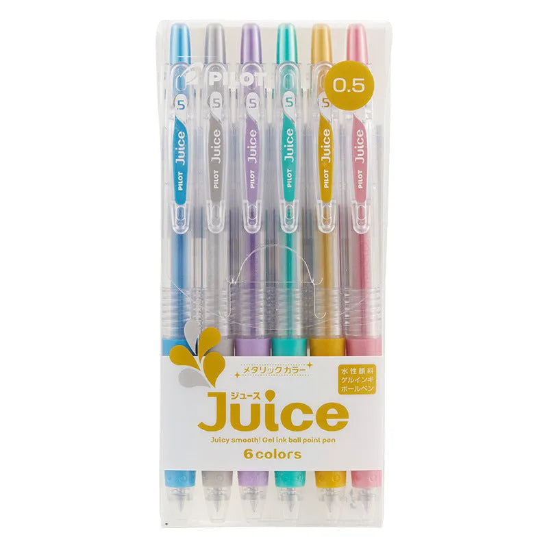 Set of six Direct Juice Baiguole 0.5mm gel pens showing metallic gold, silver, and pastel coloured barrels.