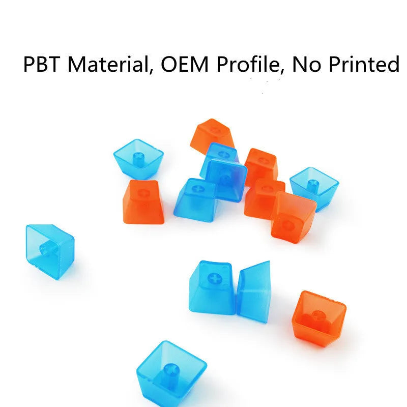 Transparent PBT mechanical keyboard keycaps in orange, white, blue, and black colours showing light transmission