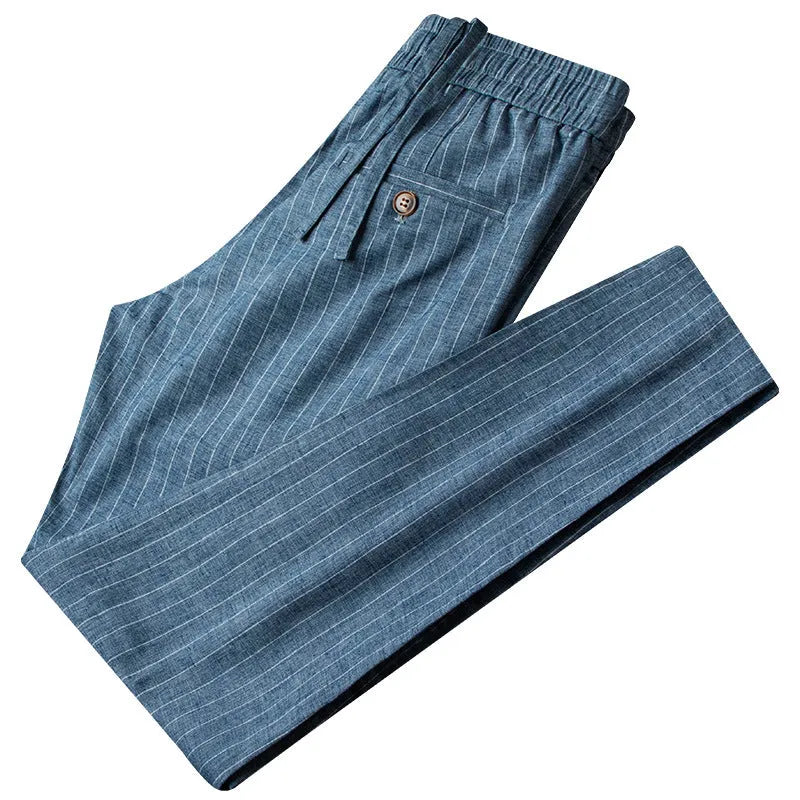 Men's casual striped linen trousers in blue gray colour with micro elastic waistband