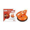 Strong plastic and rubber suction cup with a metal component and a separate puller handle for removal.