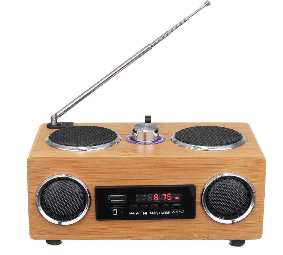 Wood-finish Bluetooth speaker with two-channel stereo and 15-metre range