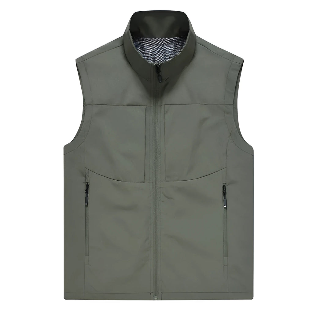 Men's loose-fit stand collar cardigan vest in polyester for outdoor leisure.