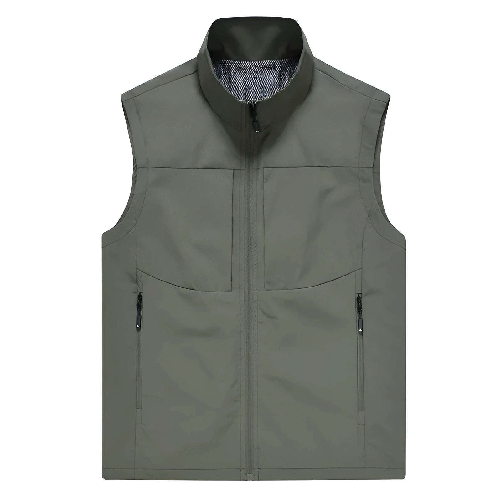 Men's loose-fit stand collar cardigan vest in polyester for outdoor leisure.