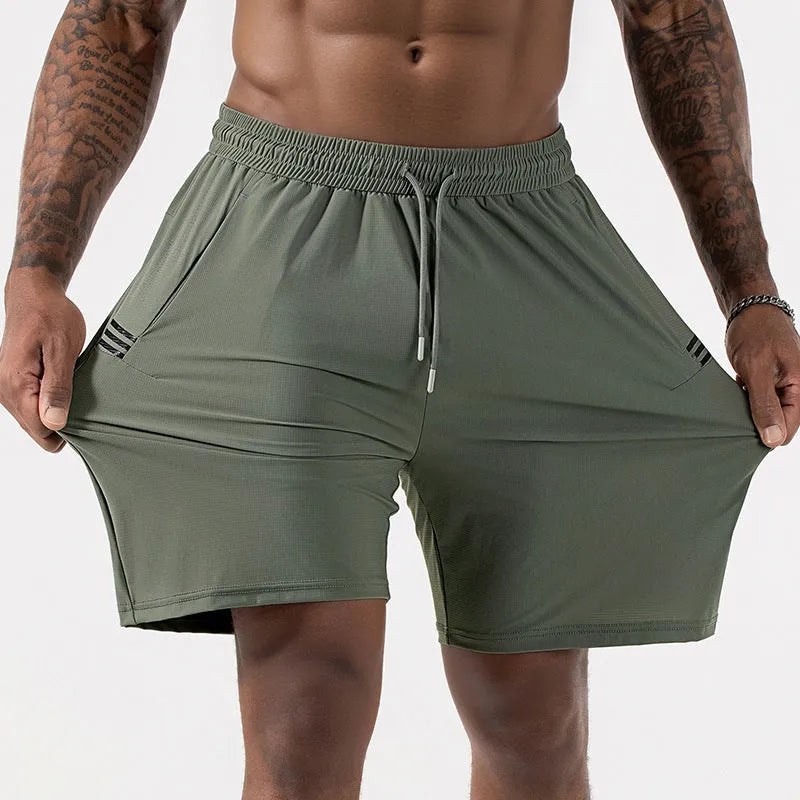 Men's black high-waist quick-drying nylon ice silk sports shorts on a hanger.