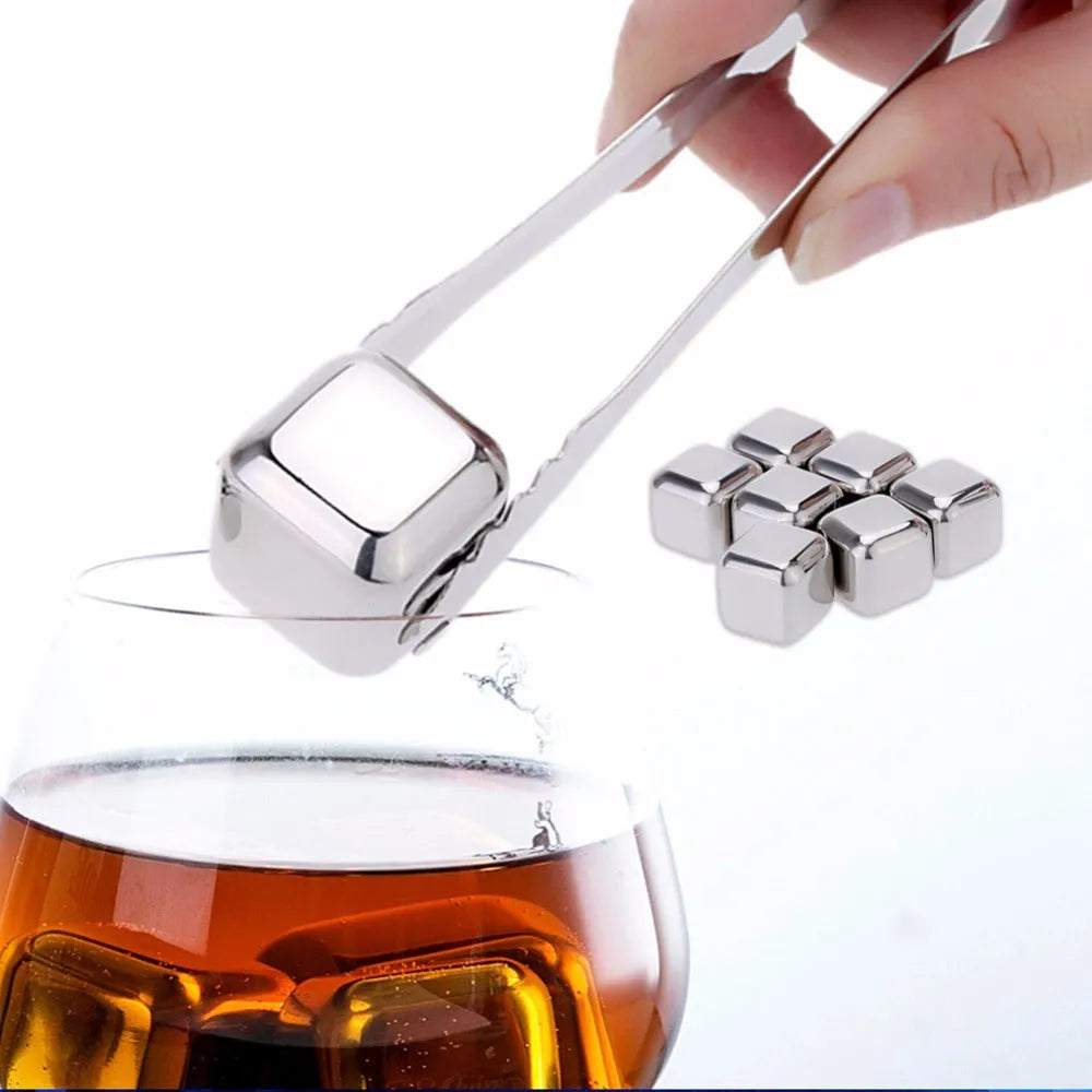 Set of 8 stainless steel whiskey chilling stones in various shapes with storage box and clip