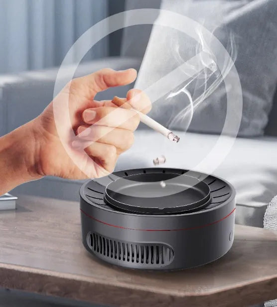Black multi-function electronic ashtray purifier, 18x18x7.3cm, with 3000mAh battery and negative ion air cleaning.