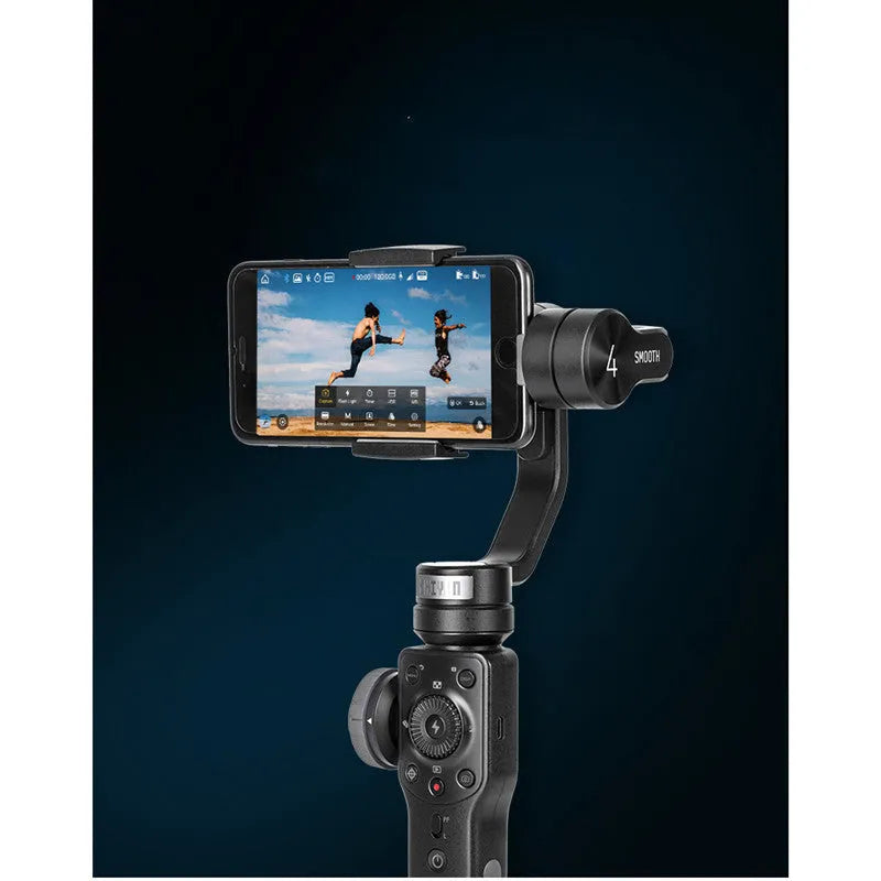 Black handheld smartphone gimbal stabiliser for video filming on a dark background.