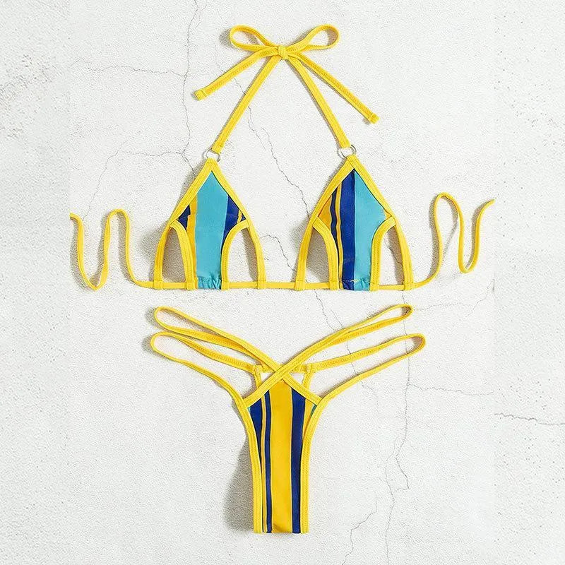 Yellow women's split swimsuit with neck-hanging style and backless high-waist design
