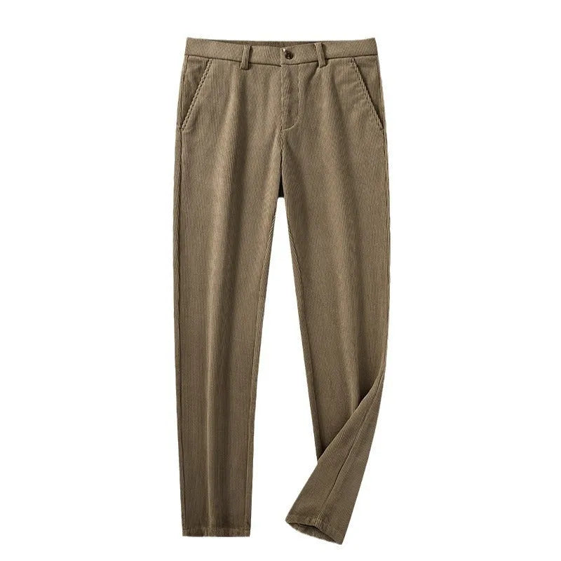 British retro style striped straight-leg trousers in a khaki colour, showing zip fly and classic cut.