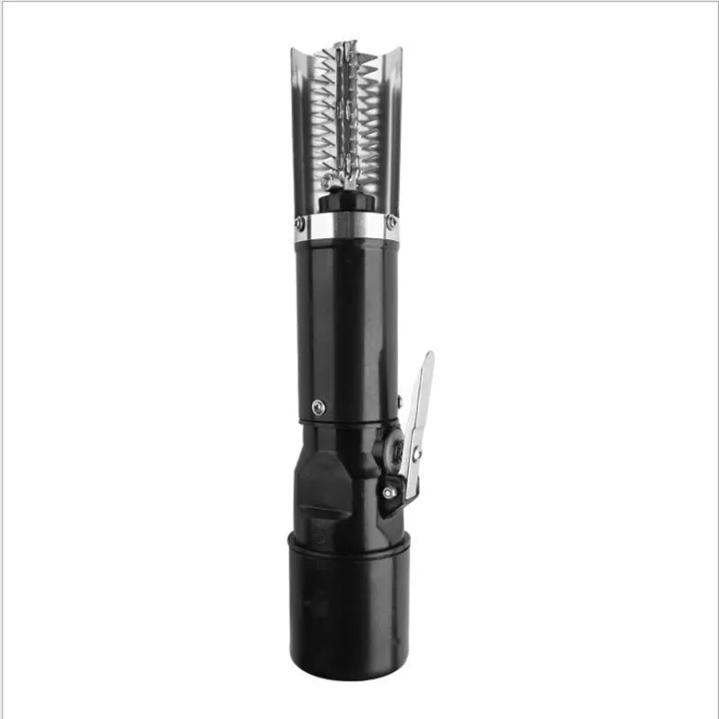 Black electric fish scale scraper with plastic shell and alloy parts, 7000 r/min descaling tool on a table
