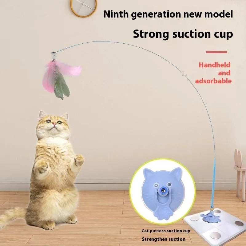 Cat teaser wand toy with suction cup base and colourful cat face attachment