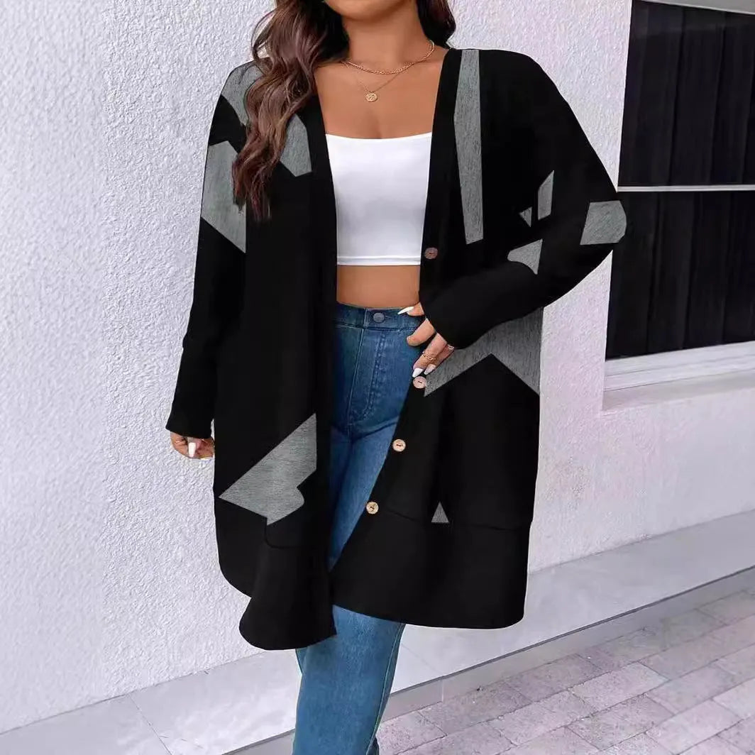 Black loose fit plus size cardigan coat with button stitching and regular sleeves