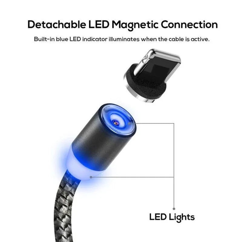 Magnetic charging cable with three interchangeable plugs: Apple Lightning, Type-C and Android micro-USB
