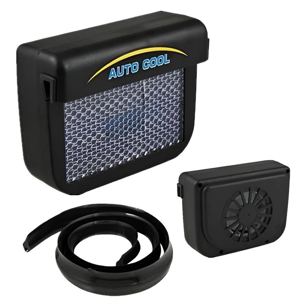 Auto-cool solar powered car exhaust fan with ABS housing, 15 x 11 x 6 cm, fits car window