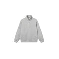 Grey half zip stand collar cotton sweater for men and women on a hanger.