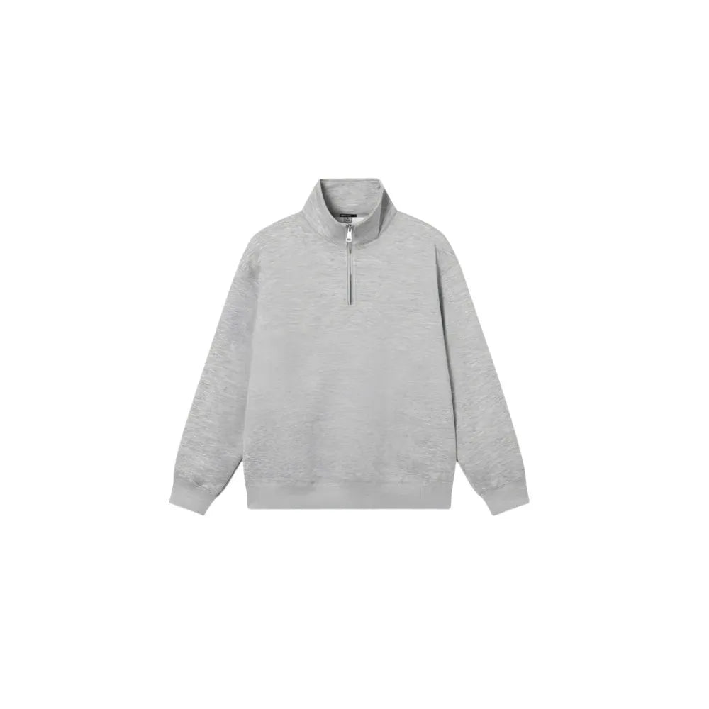 Grey half zip stand collar cotton sweater for men and women on a hanger.