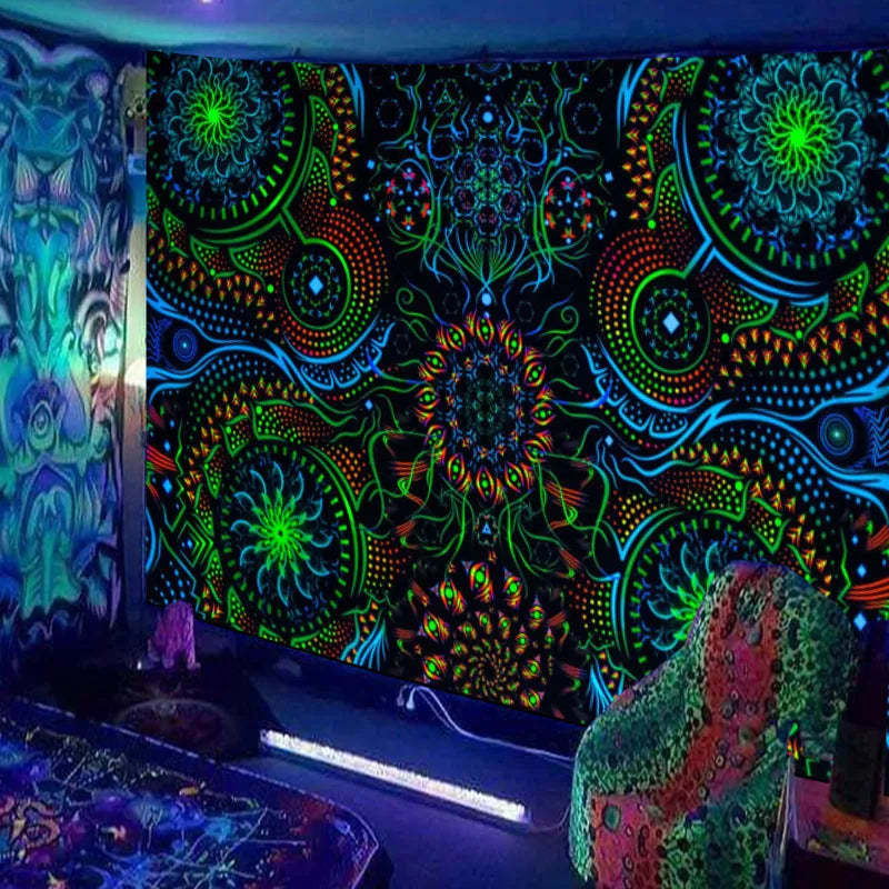 Fluorescent landscape tapestry in plush polyester, woven rectangular wall hanging, available up to 230x180cm