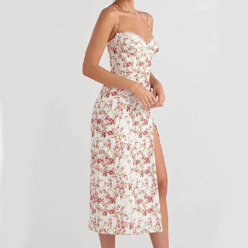 Blue lace flowers print long dress with suspender straps and a high thigh slit.