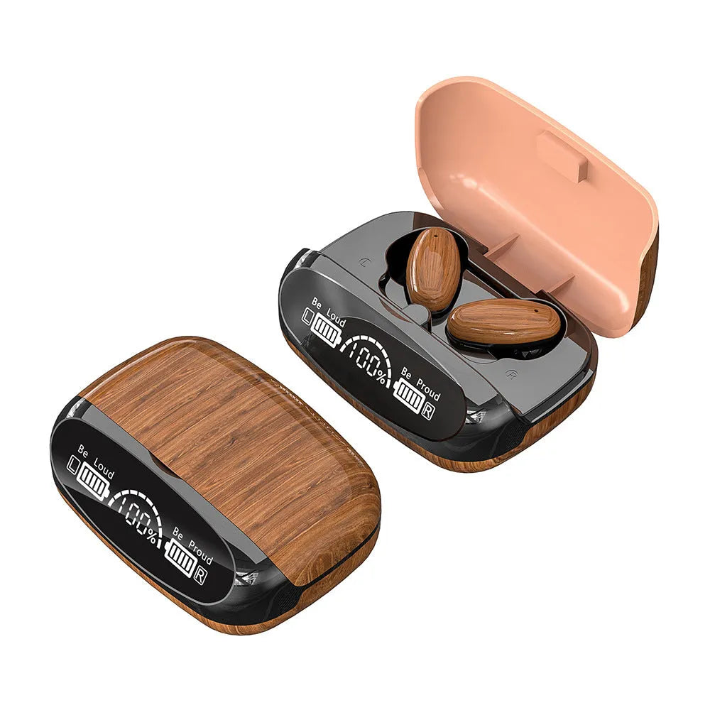 F9 Smile wireless Bluetooth earbuds in black with touch fingerprint design and power display