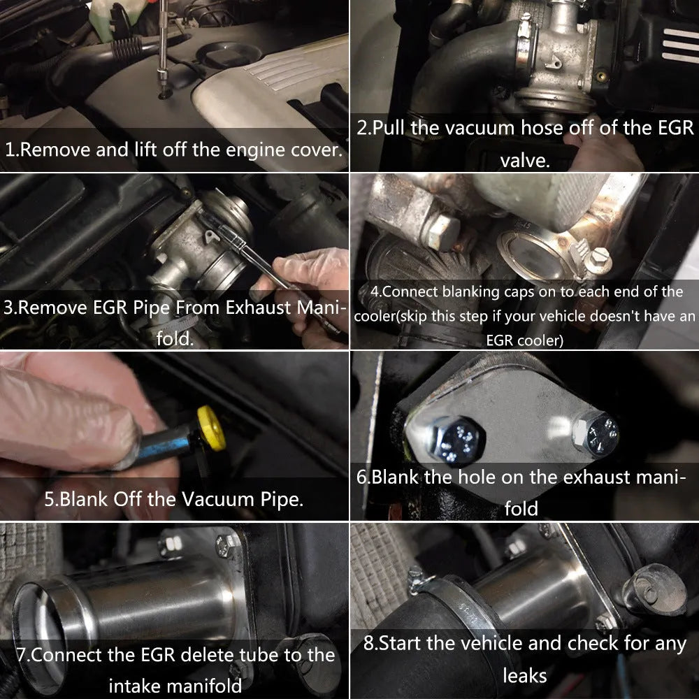 BMW E46 diesel EGR delete kit showing black removal pipe, blanking plates, bolts, and vacuum plug.