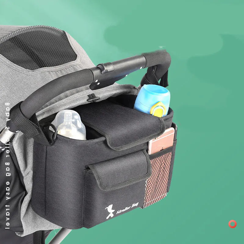 Black baby carriage bag made from 300D snowflake material with pearl cotton padding, measuring 18x30x15cm