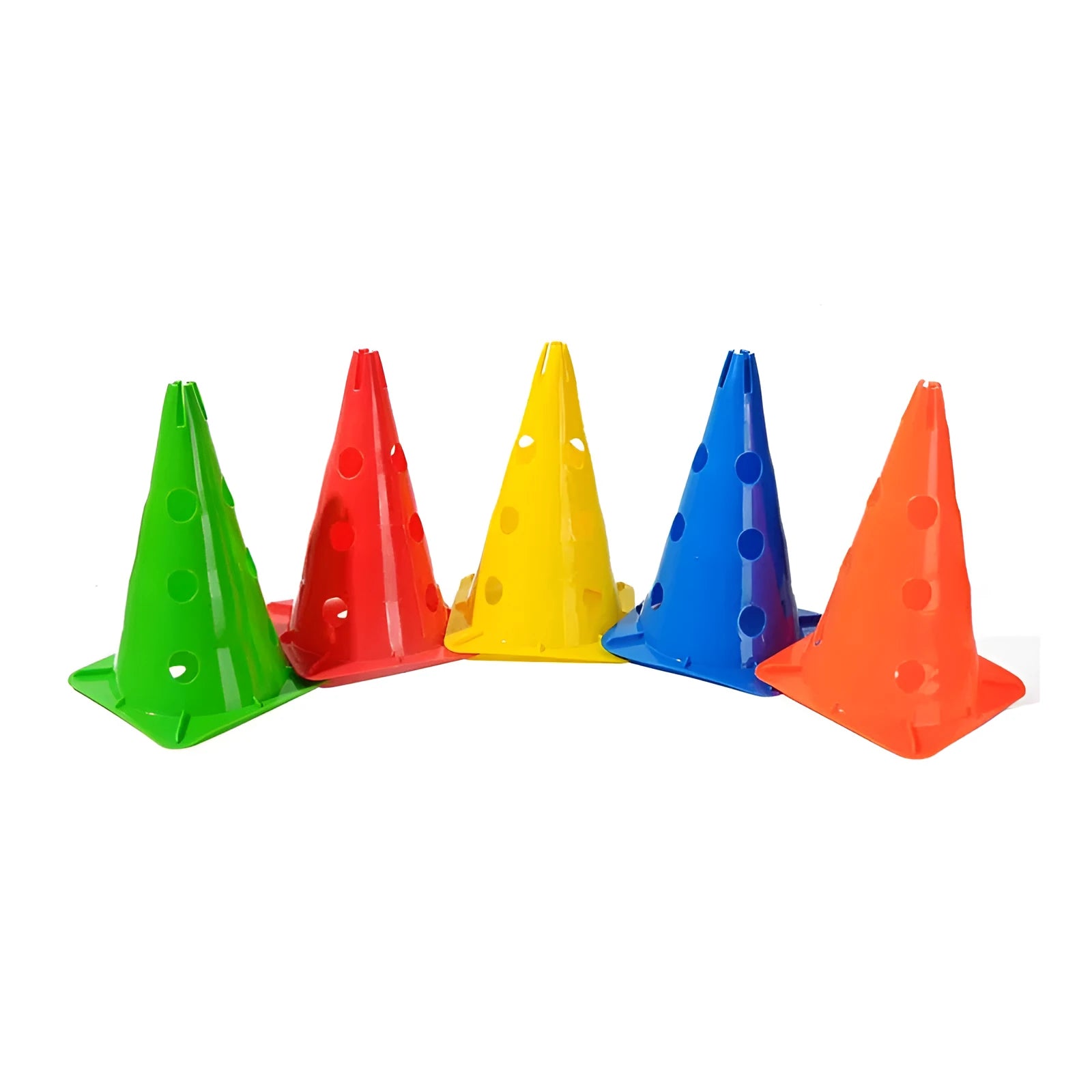Set of 4 polyethylene football training cones 30cm height square base in blue green orange red yellow