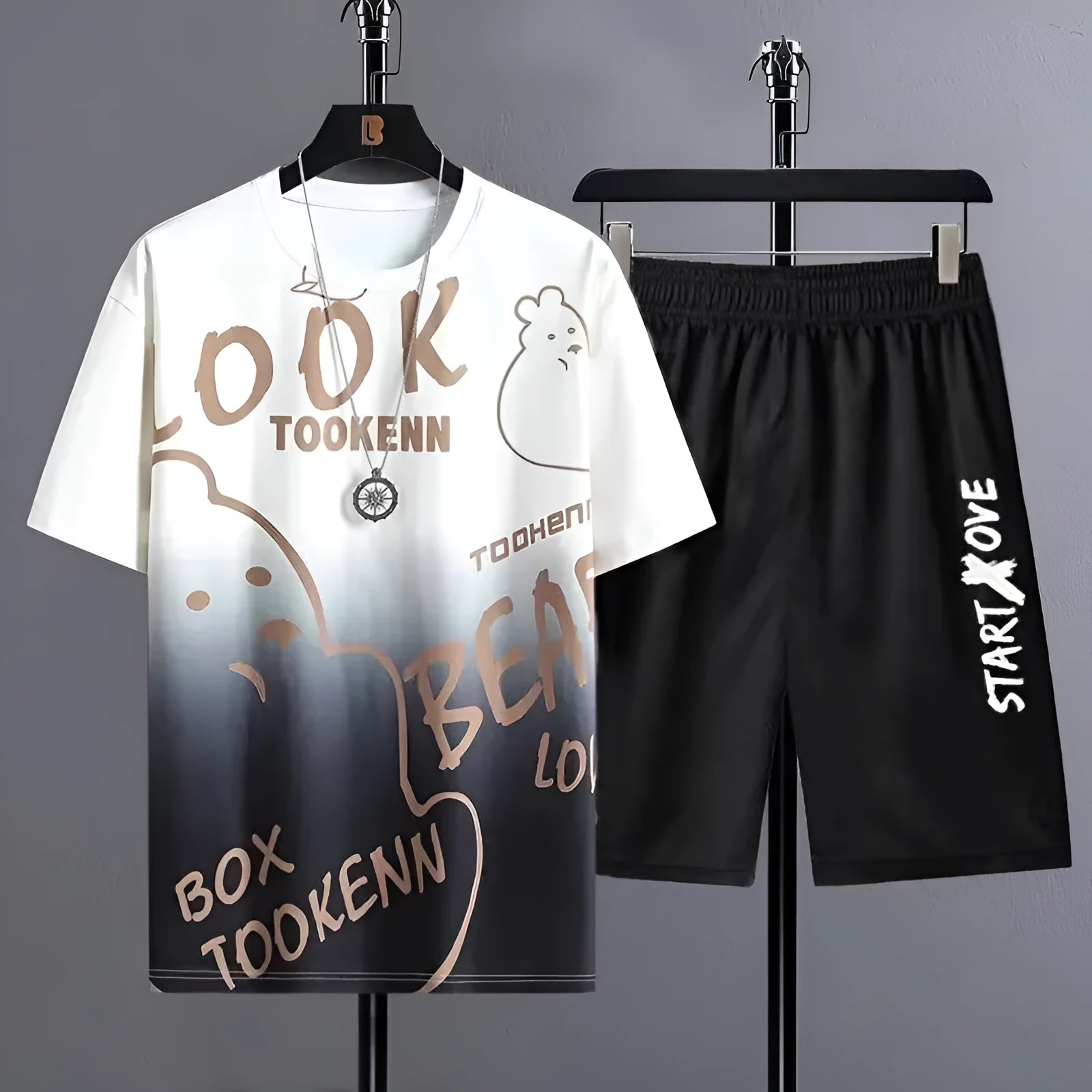 Men's polyester summer suit with short sleeve T-shirt and matching shorts in sports leisure style