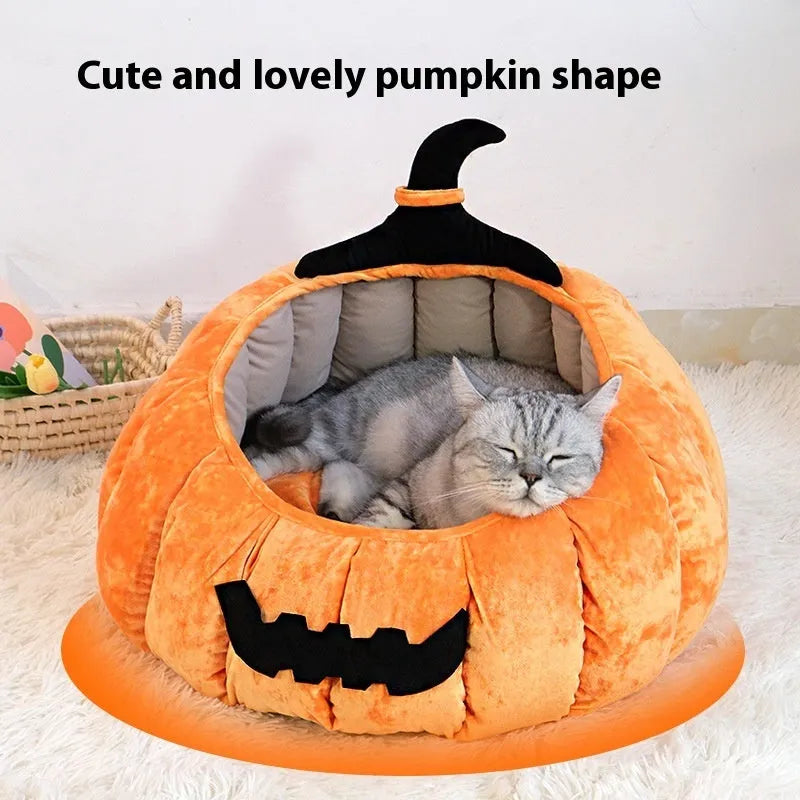 Orange and black pumpkin-shaped cloth cat bed for winter warmth and Halloween pet styling