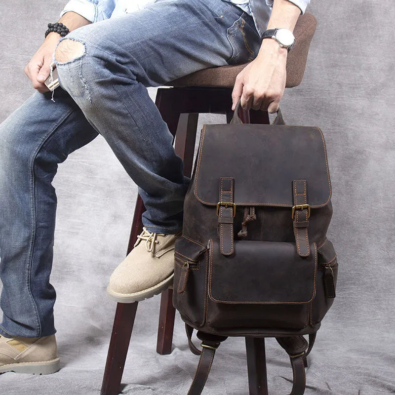 Brown retro crazy horse leather backpack with double shoulder straps and denim lining