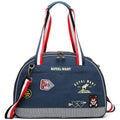 Blue cartoon-patterned denim pet nappy bag with shoulder strap.