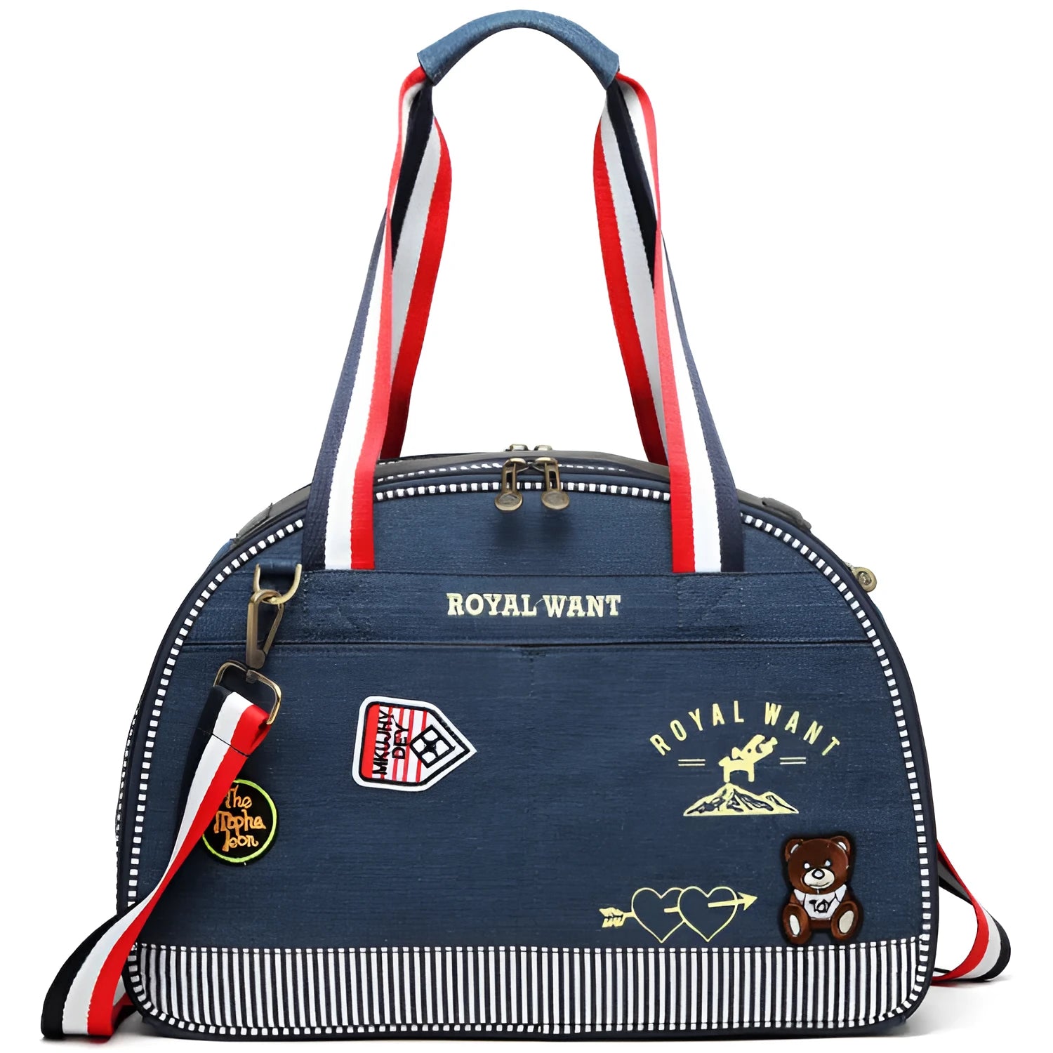 Blue cartoon-patterned denim pet nappy bag with shoulder strap.