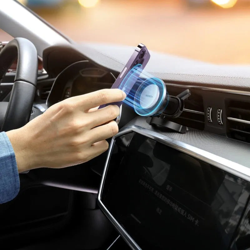 Black magnetic suction mobile phone holder with N52 neodymium magnet, aluminium alloy and silicone construction, for iPhone 12-14