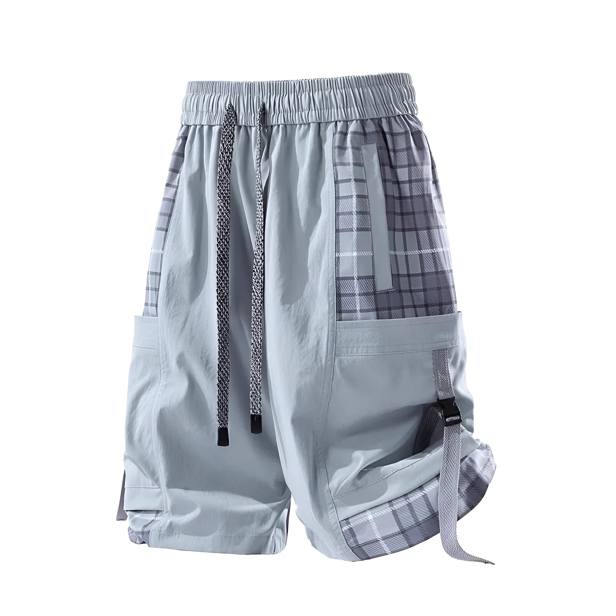 Men's black cargo shorts with plaid stitching pattern, loose fit design, and cargo pockets