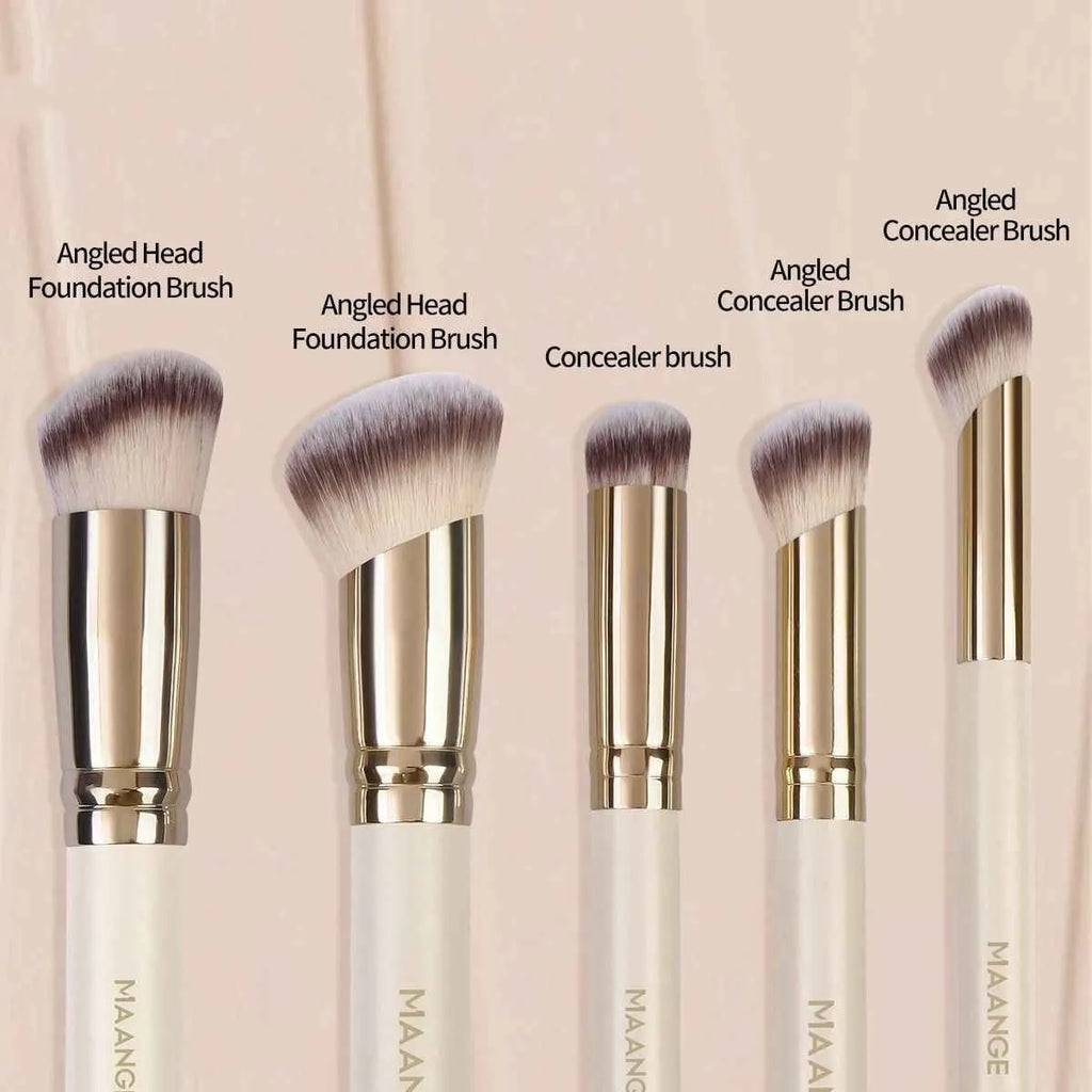 MAANGE five-piece apricot coloured makeup brush set with angled blush brush on a flat surface