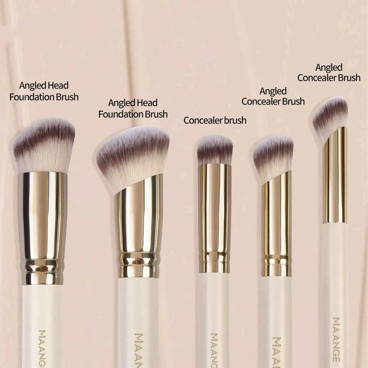 MAANGE five-piece apricot coloured makeup brush set with angled blush brush on a flat surface