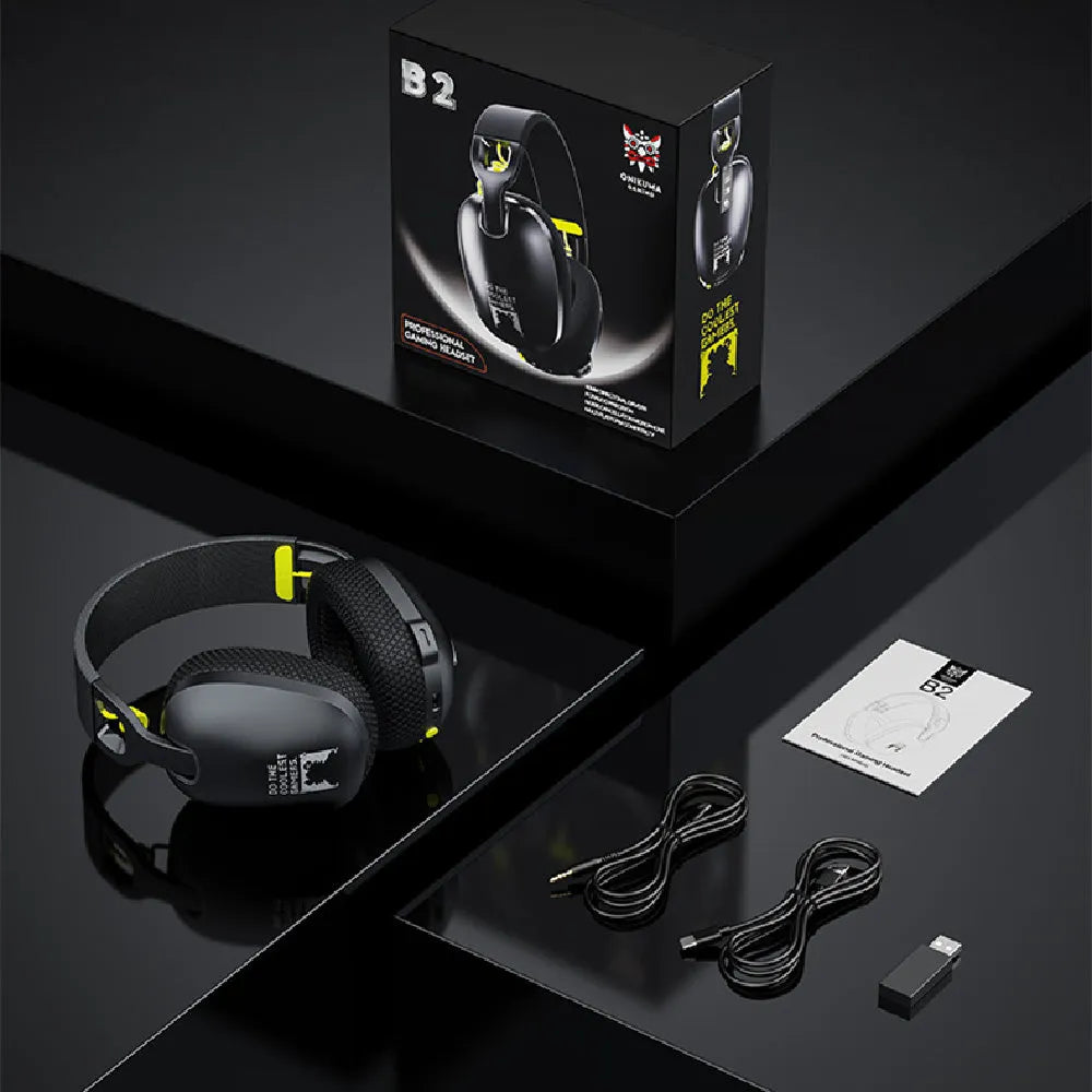 Wireless black and white gaming headset with over-ear design and noise reduction