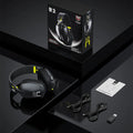 Wireless black and white gaming headset with over-ear design and noise reduction
