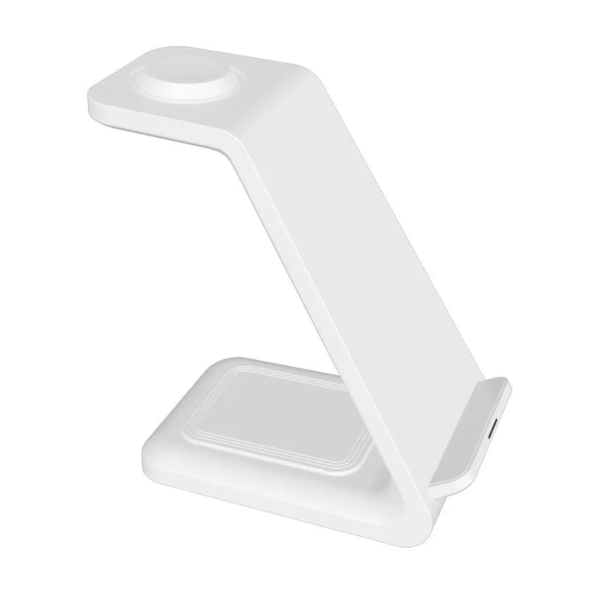 White 3-in-1 upright wireless charging stand holding a mobile phone in portrait mode on a desk.