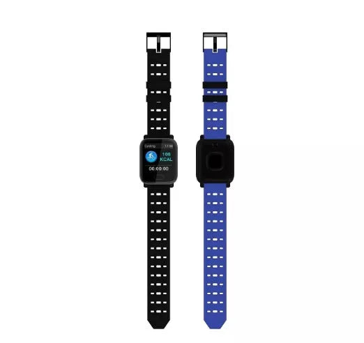 A6 smart fitness bracelet with colour touchscreen and black silicone strap on a wrist