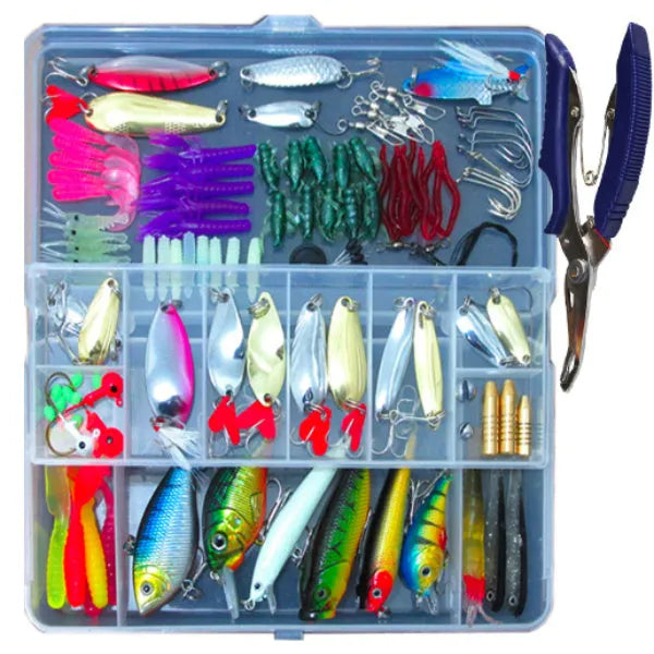 132-piece fishing lure set with rose red soft plastic baits and high-carbon steel hooks in storage case