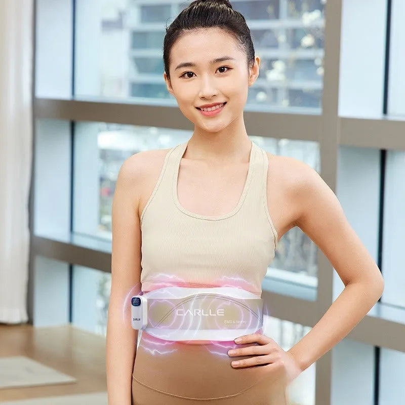 Beige rechargeable waist support belt with micro current and red light heating, remote control included