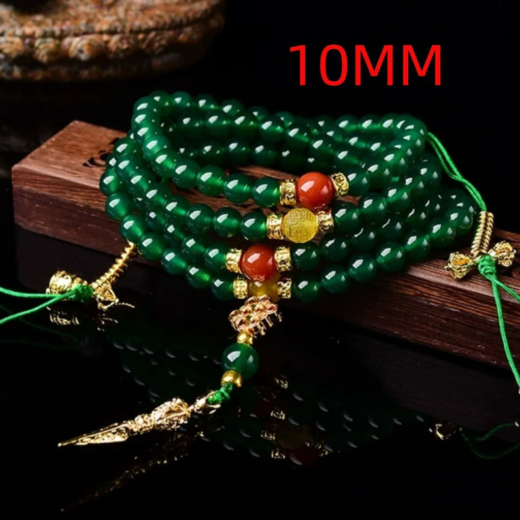 Natural green agate multi-circle bracelet for men and women on a wrist, showing different bead size options.