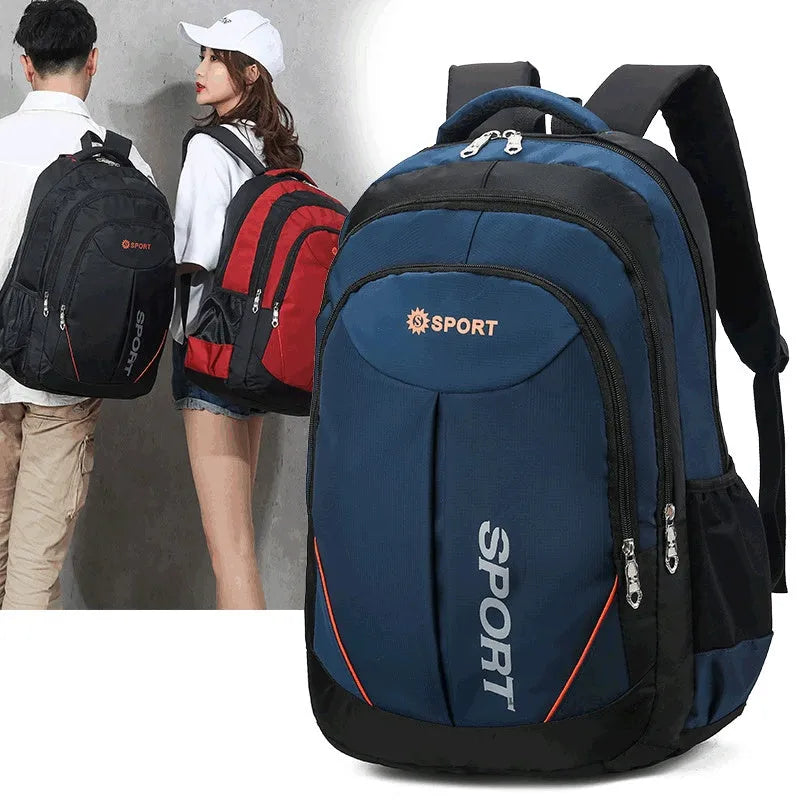 Men's large capacity nylon backpack in black with curved shoulder straps and letter design
