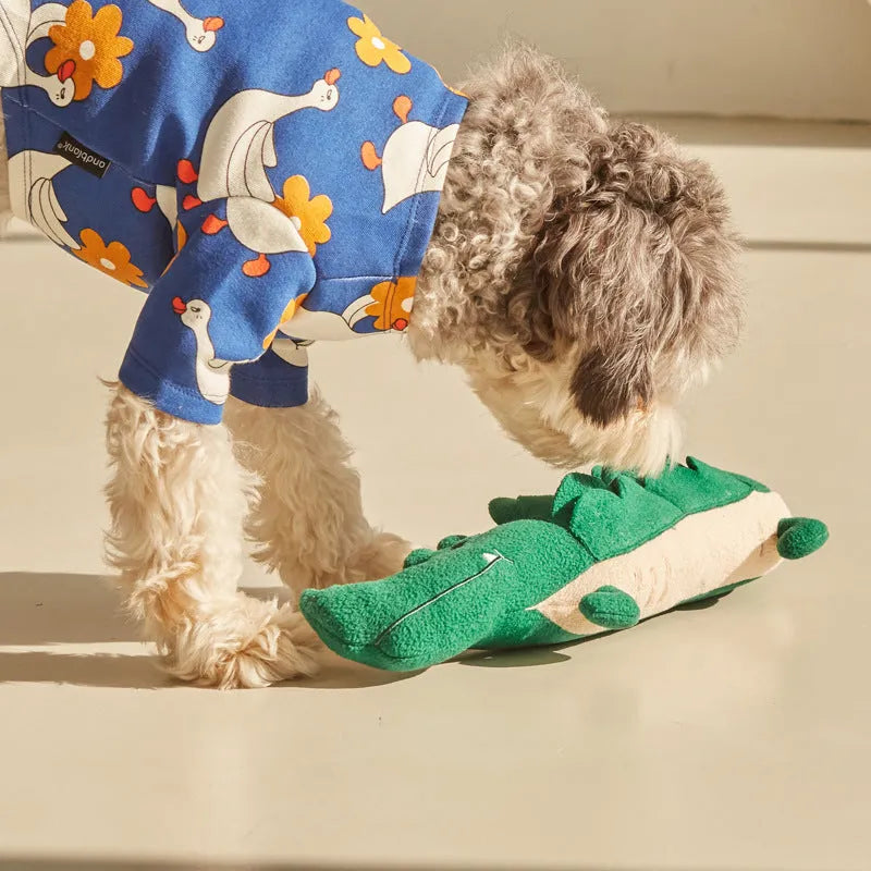 Green soft plush toy dog on a white background, showing its 35cm length.