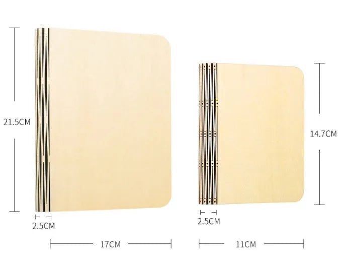 Solid wood USB-powered book light in three size options on a wooden table.