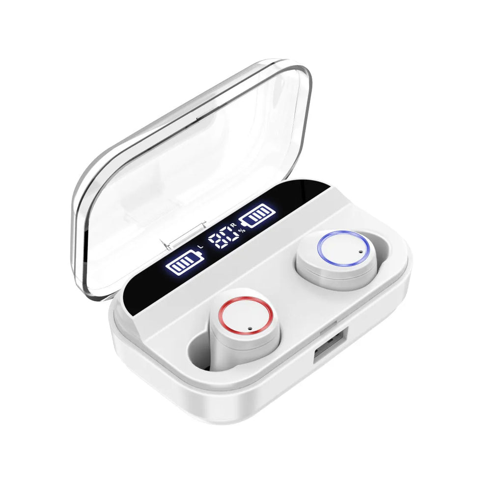 Black X11 wireless Bluetooth earbuds and their portable charging case on a white background.