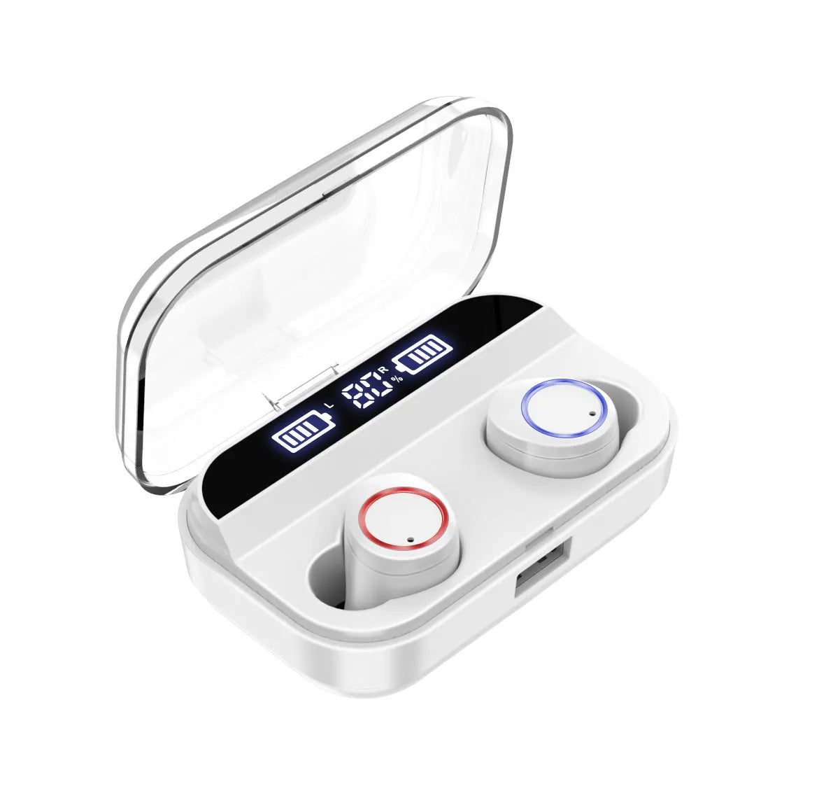 Black X11 wireless Bluetooth earbuds and their portable charging case on a white background.