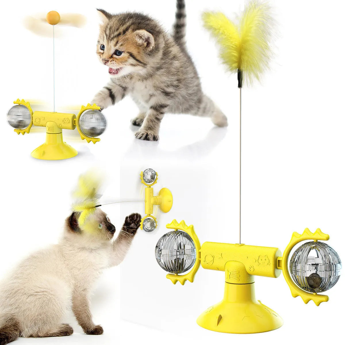 Cat turntable windmill toy with self-balancing swing and rotating modes, available in multiple colours, on a wooden floor