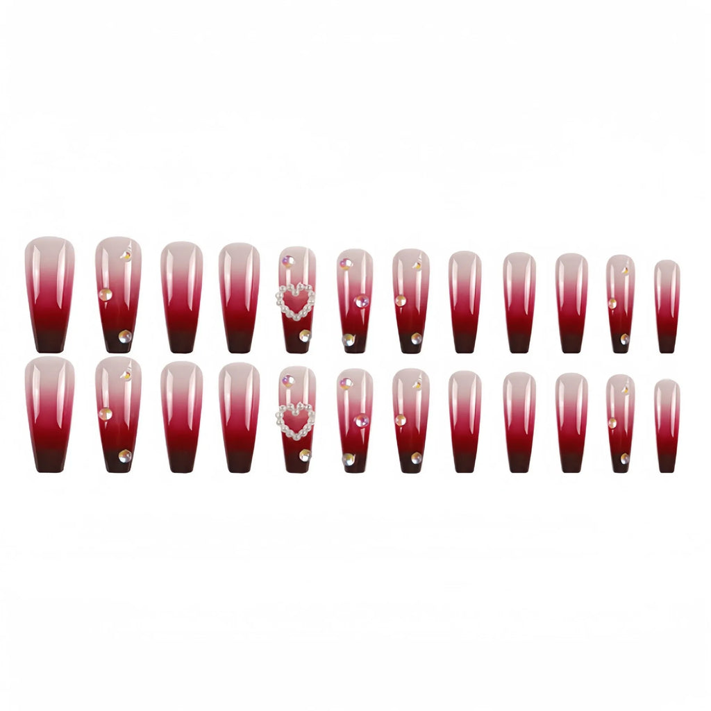 Wine red gradient plaid artificial nail tips with heart and pearl decorative elements in long ballet style