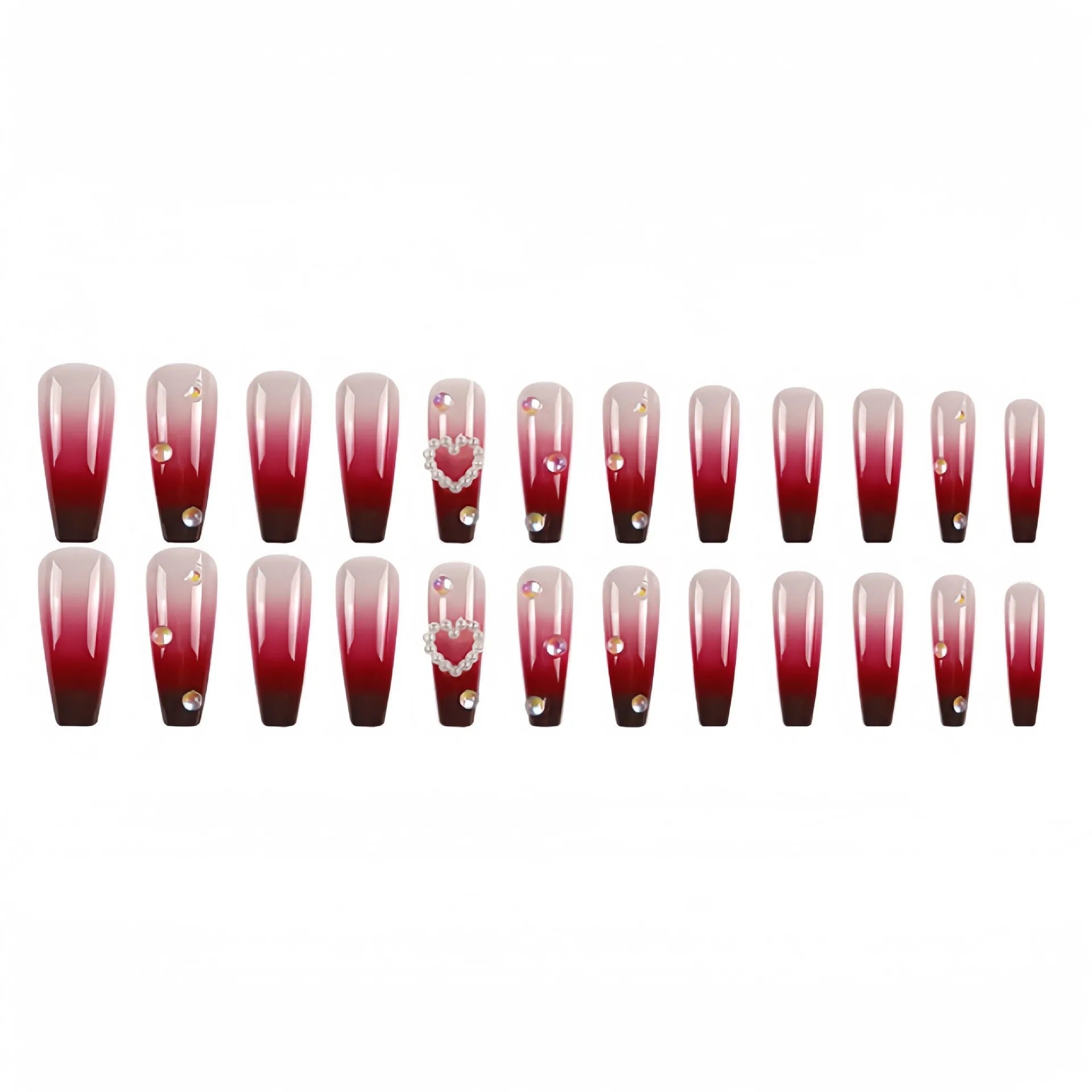 Wine red gradient plaid artificial nail tips with heart and pearl decorative elements in long ballet style